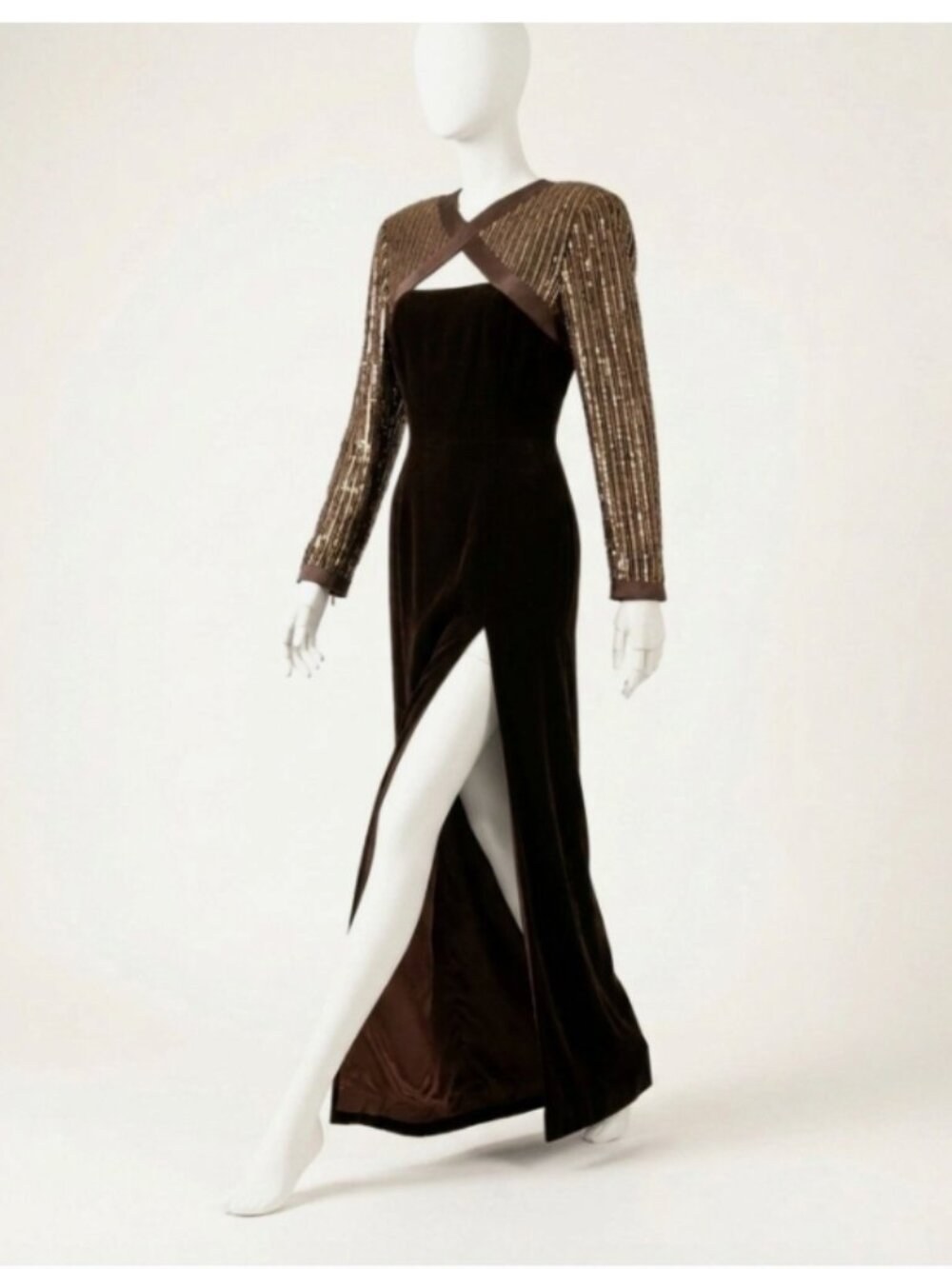 Vintage 80s Escada Couture Brown Velvet Sequin Maxi Dress 6/8 Medium Formal Gown